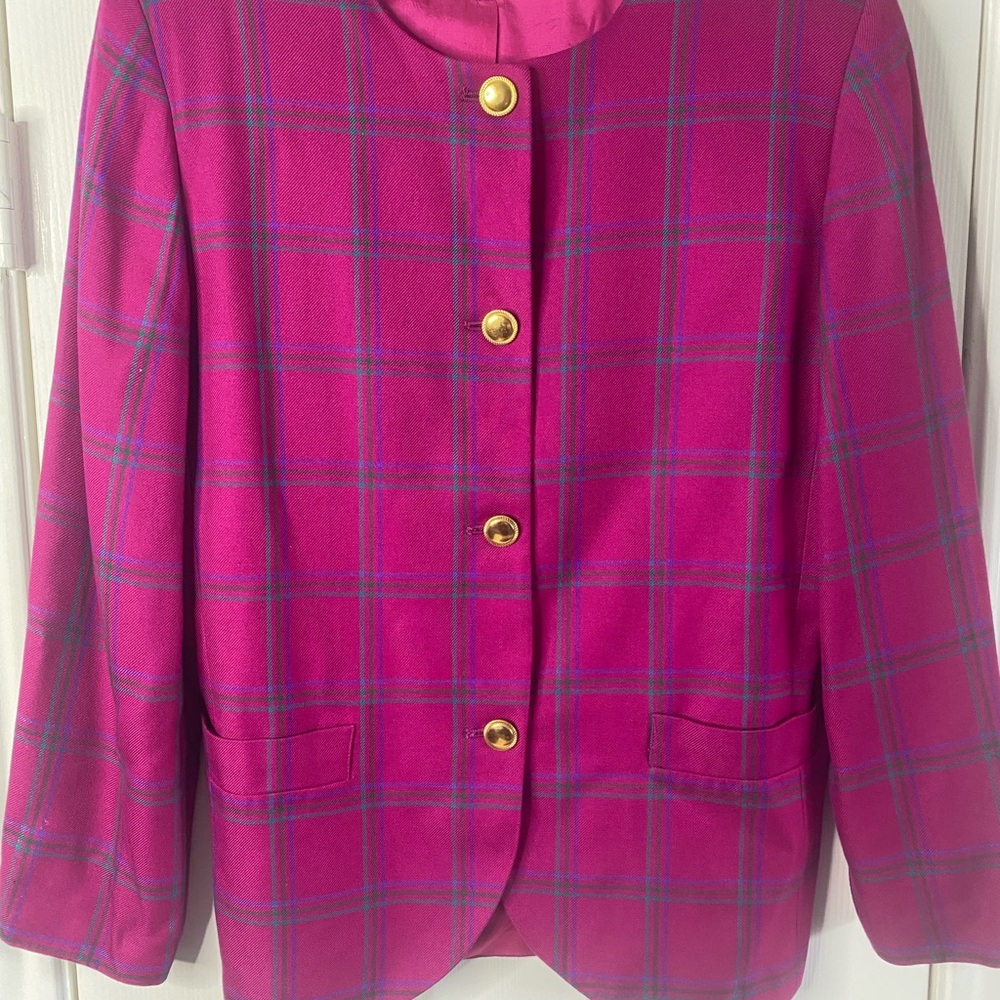Women's Pink Plaid Jacket with Gold Buttons